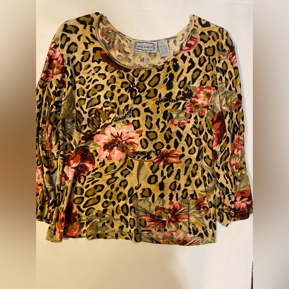 Jane Ashley Floral Leopard Scoop Neck Long Sleeve Top - Mustard, Black, Pink